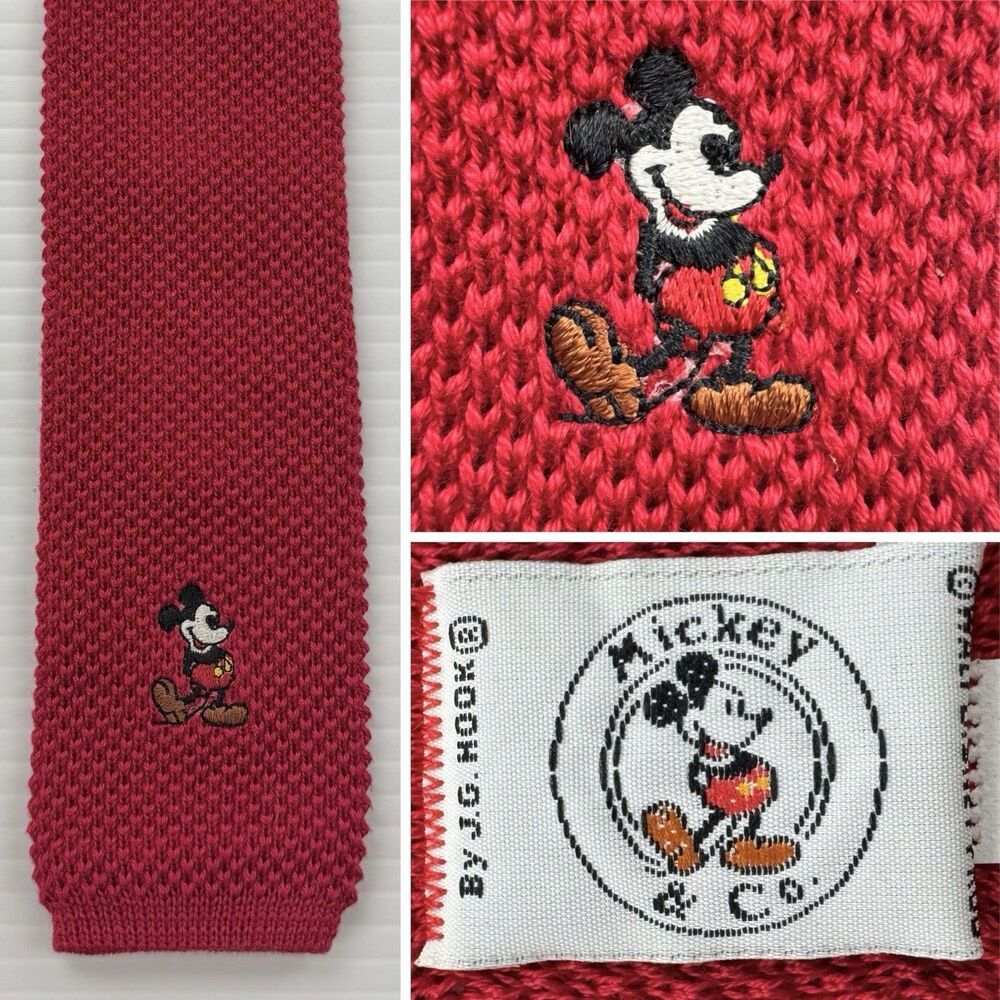 Vintage Walt Disney Mickey Mouse Knit Skinny Tie Red Made USA Cotton Mens Retro